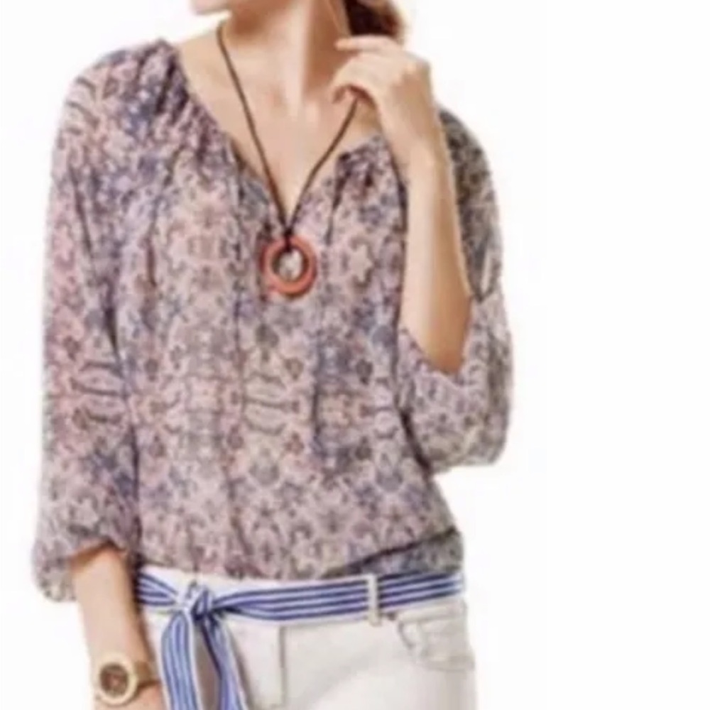 Cabi Sienna Floral Blouse Peasant Women’s S Beige 5028 Boho Long Sleeve Chiffon